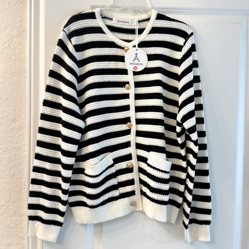 Anaress Black and White Striped Cardigan